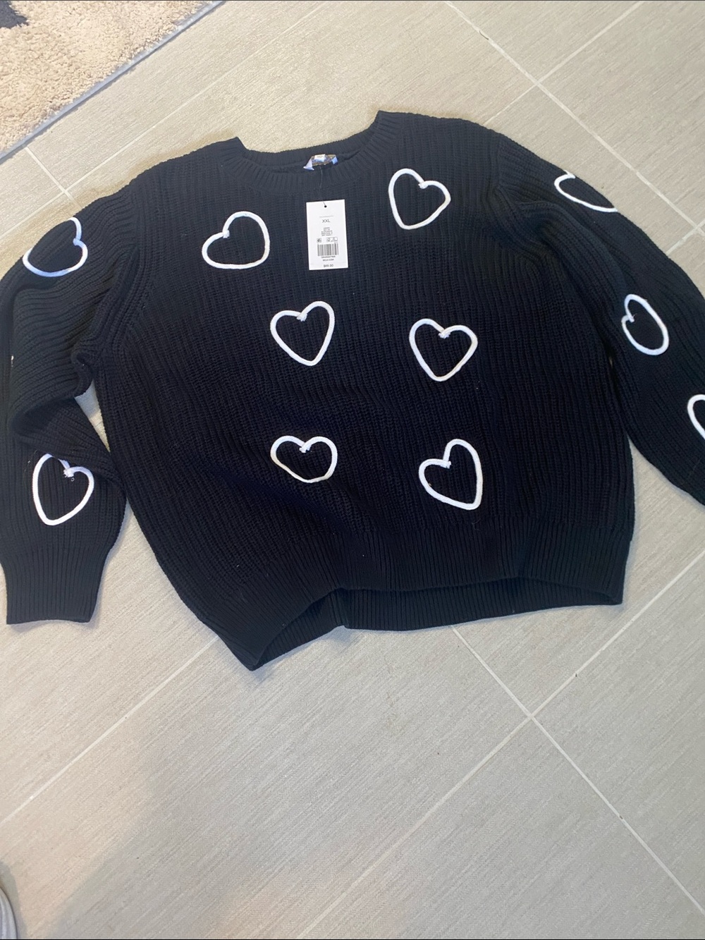 crown & ivy Black Crewneck Sweater with White Heart Motif